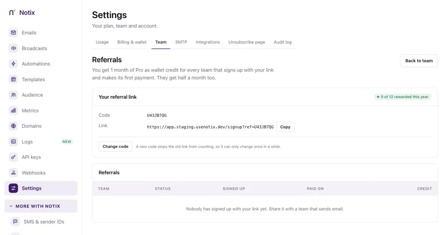 The Referrals page with your referral link and the teams that signed up with it