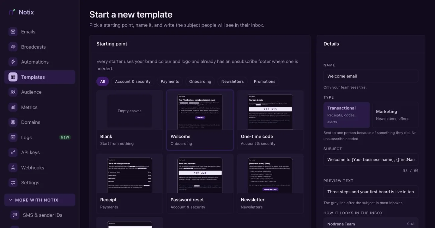 The New template page with starter choices on the left and a Details panel on the right