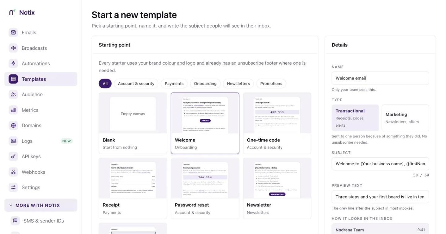 The New template page with starter choices on the left and a Details panel on the right