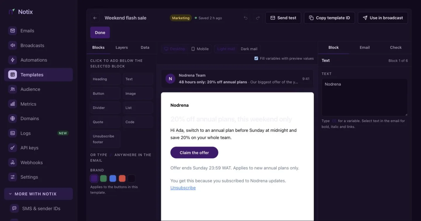 Template Studio with the block tools on the left, the email in the middle and the settings tabs on the right
