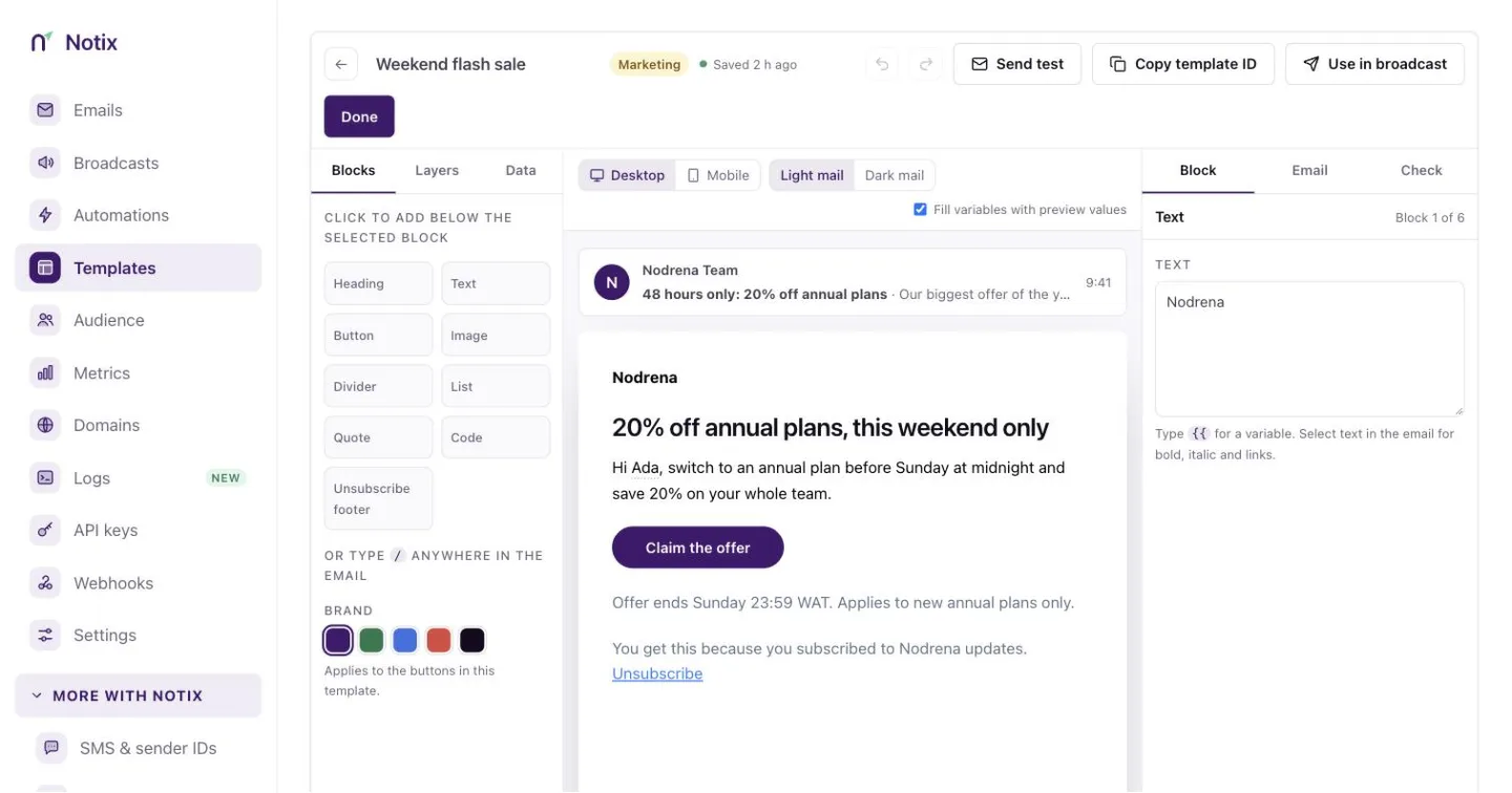 Template Studio with the block tools on the left, the email in the middle and the settings tabs on the right