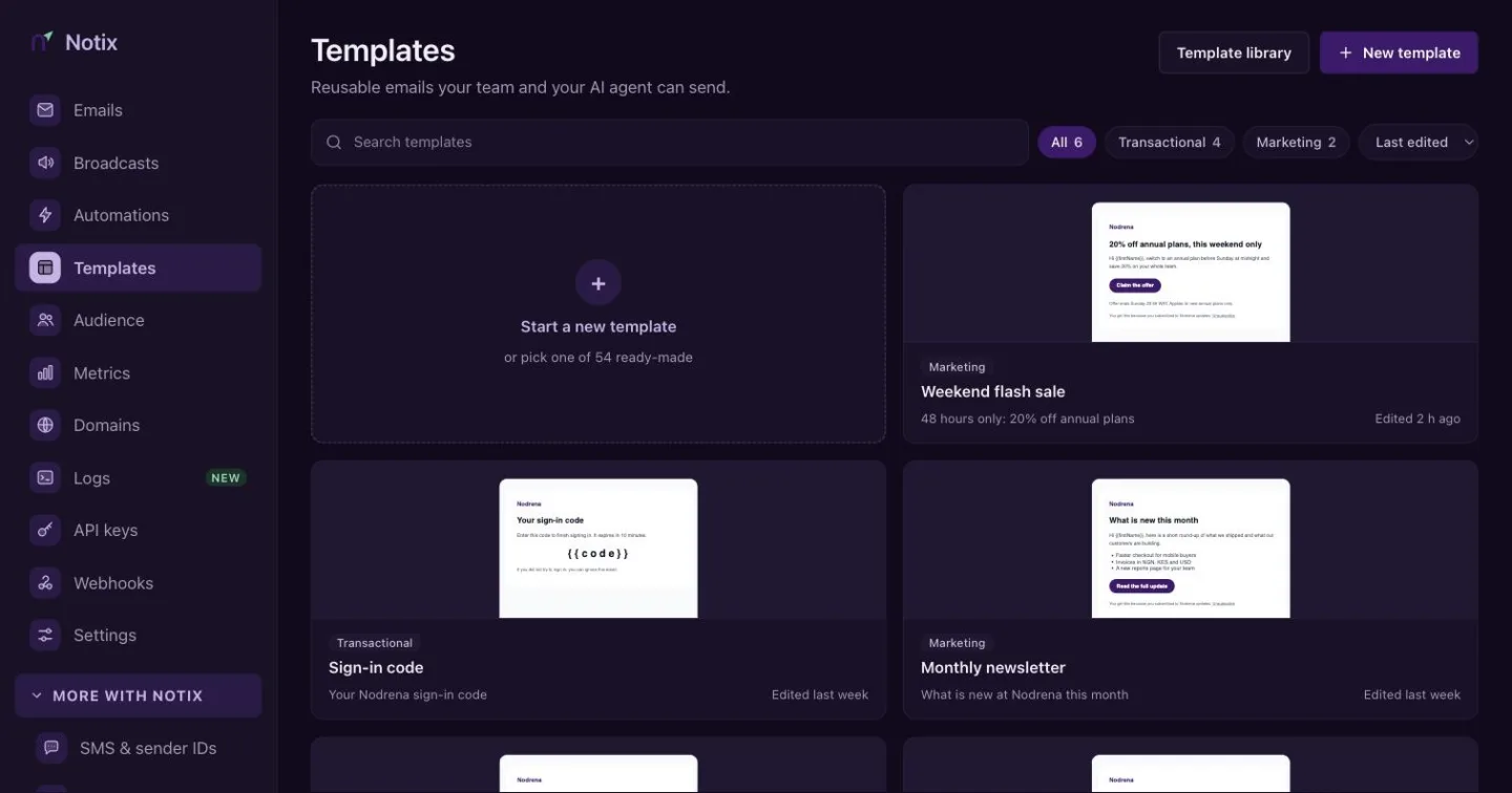 The Templates page with a grid of saved templates
