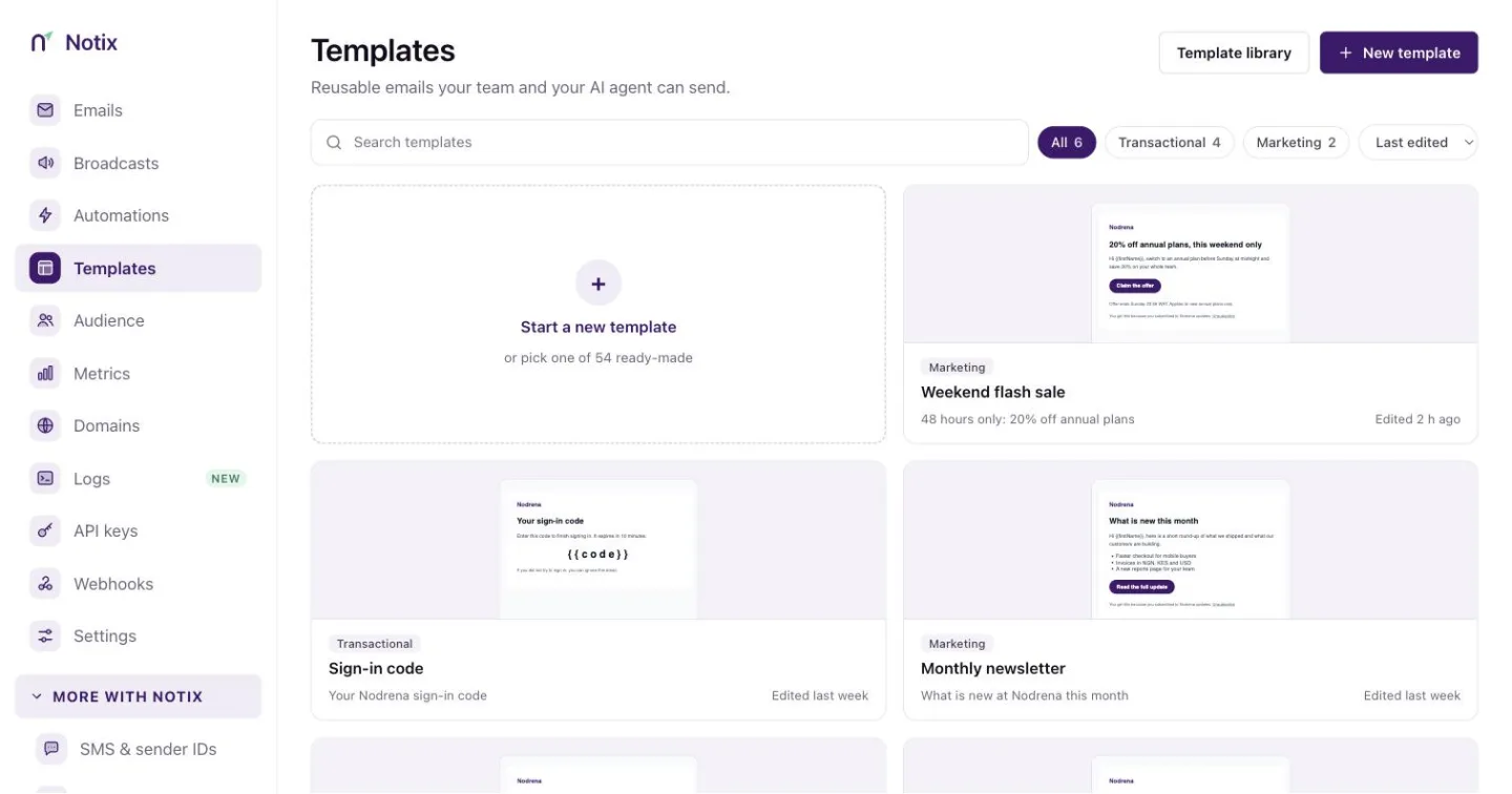 The Templates page with a grid of saved templates