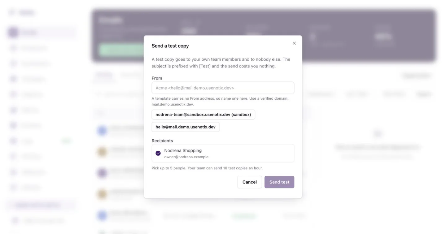 The Send a test copy dialog with a From field, suggested addresses and team members to pick