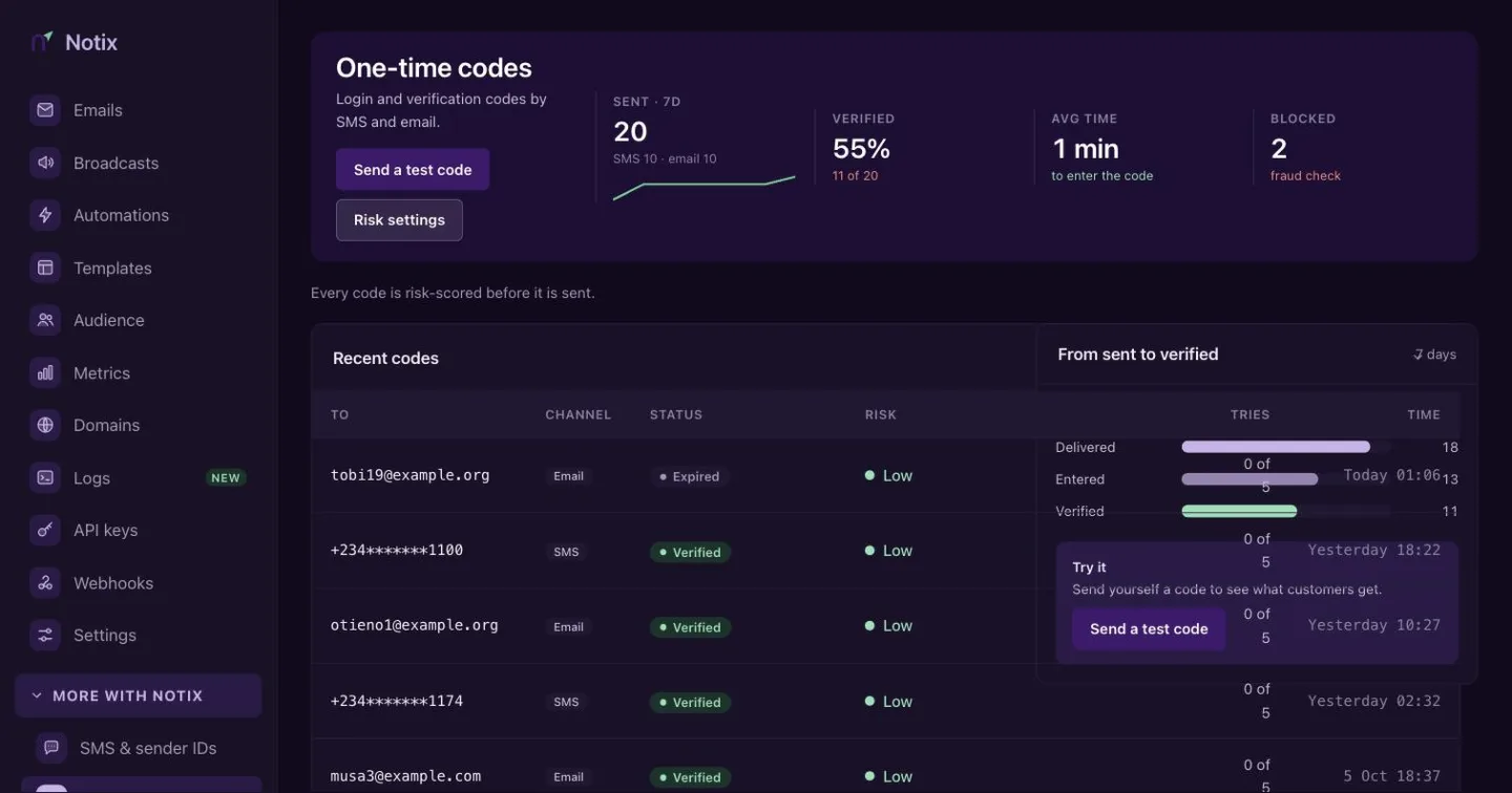 The One-time codes page with figures and recent codes