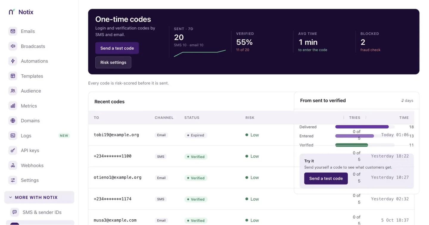 The One-time codes page with figures and recent codes