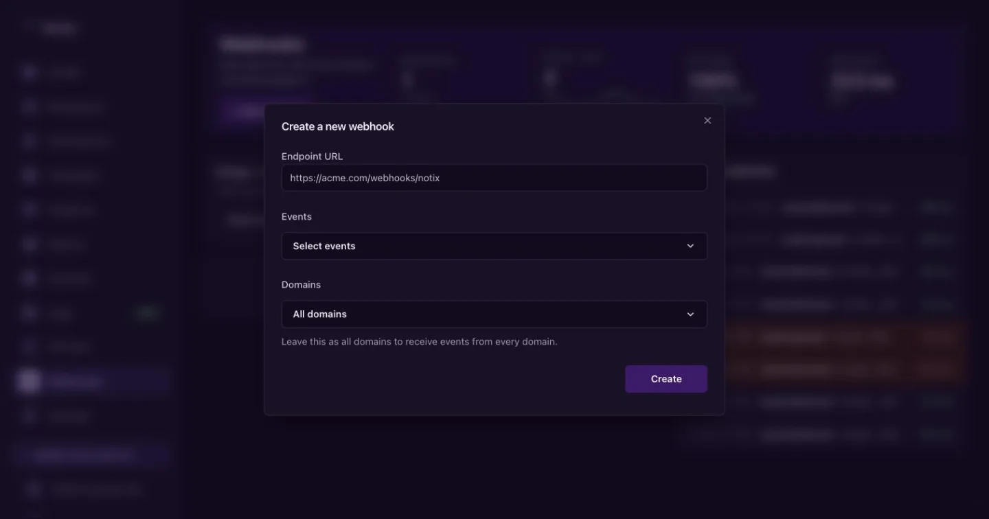 The Create a new webhook dialog with the endpoint URL, events and domains fields