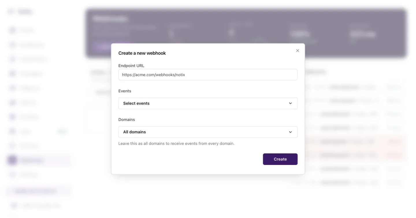 The Create a new webhook dialog with the endpoint URL, events and domains fields