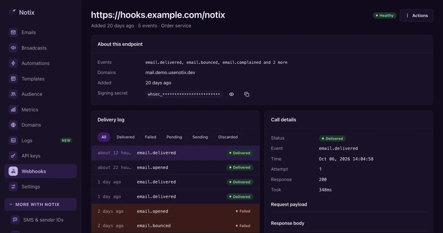A webhook's page with the delivery log on the left and one call's details on the right