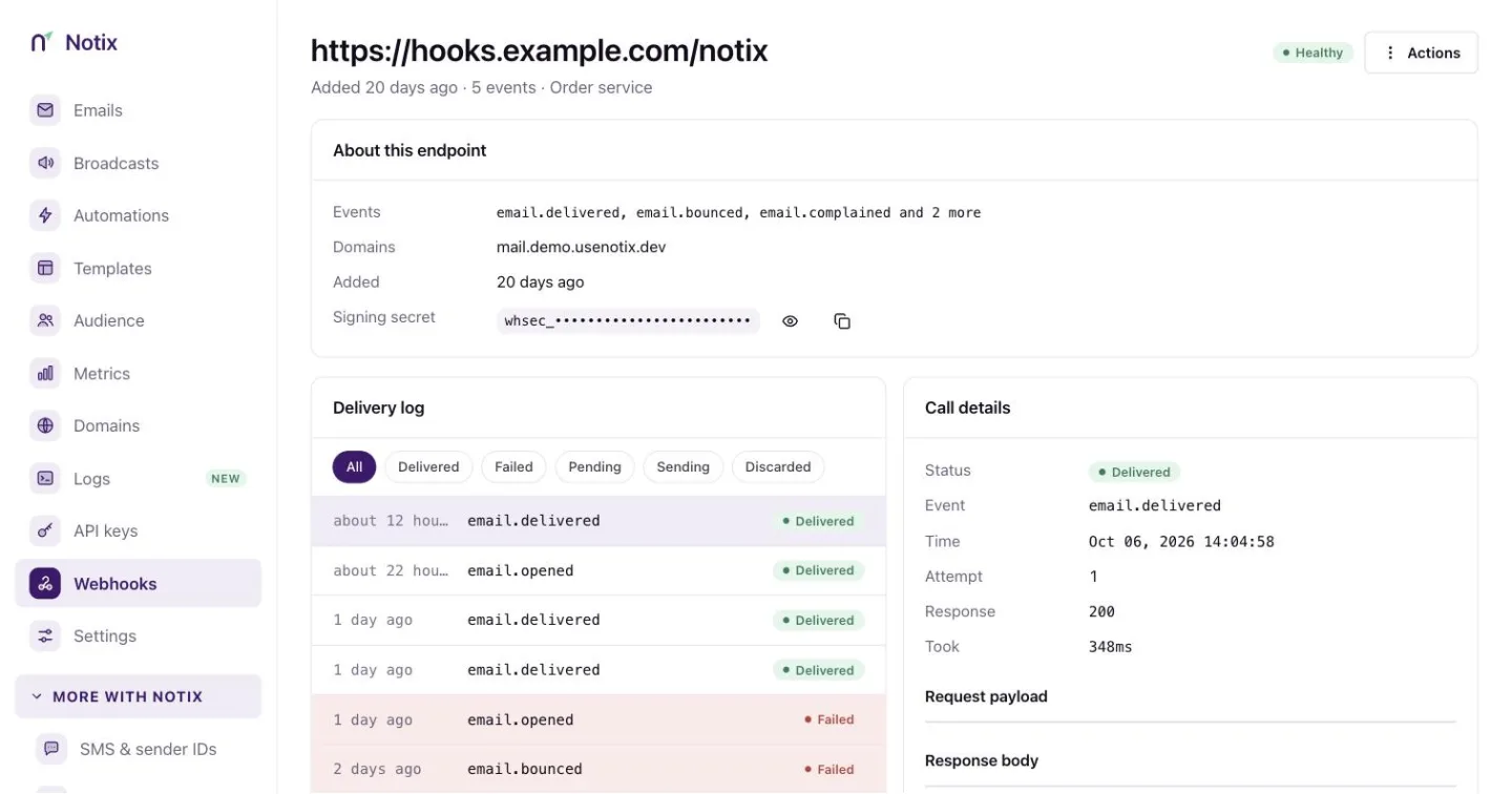 A webhook's page with the delivery log on the left and one call's details on the right