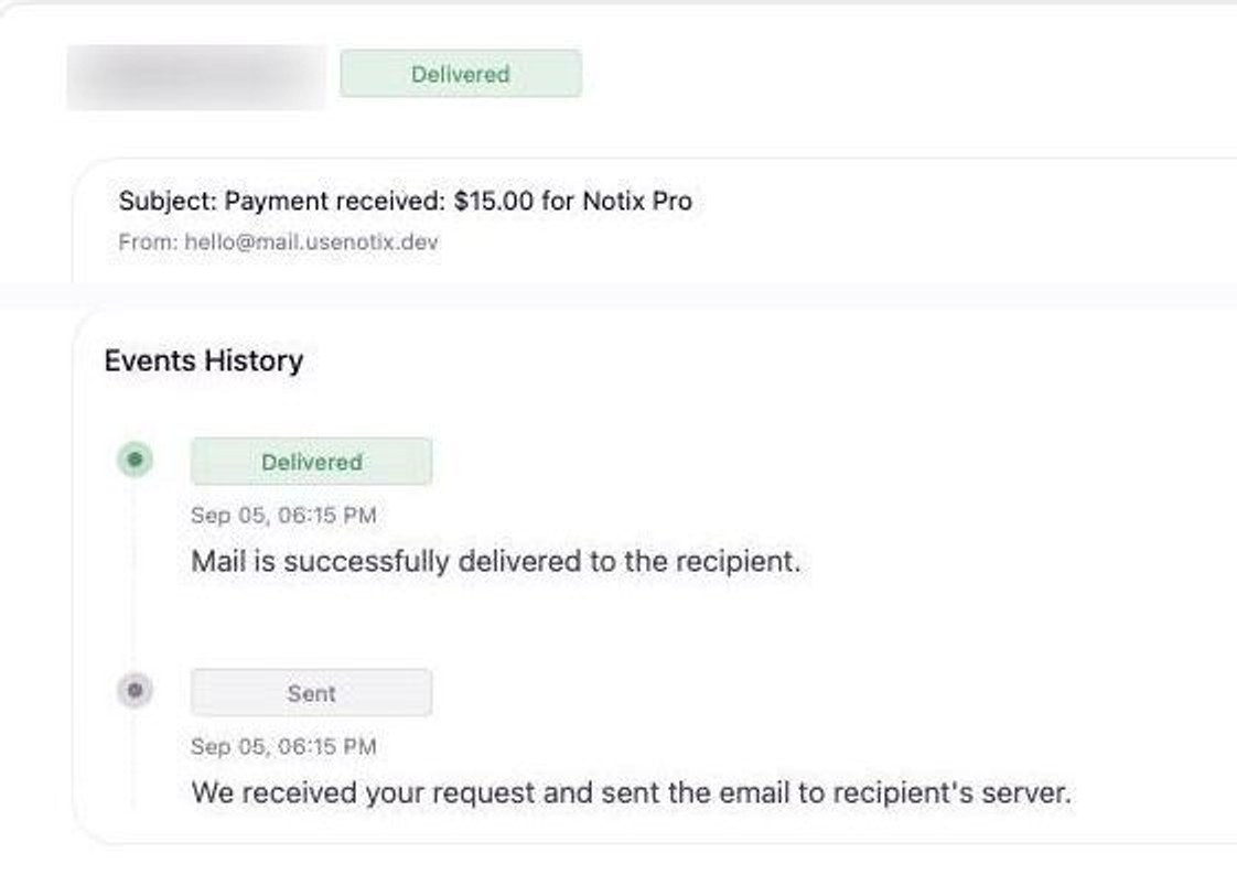 One message's events in the Notix dashboard, from queued to delivered.